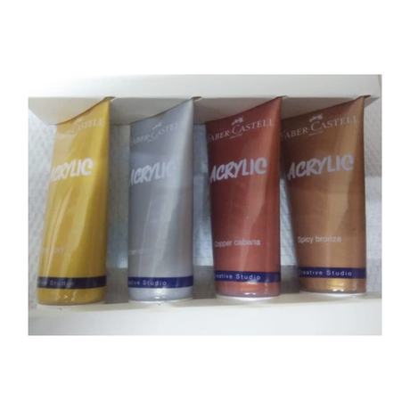 Faber Castell Creative Studio Metallic Acrylic Set of 4 Rich Glossy Metallic Paints for Canvas Wood Paper and Craft - Retail Maharaj