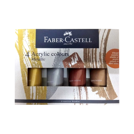 Faber Castell Creative Studio Metallic Acrylic Set of 4 Rich Glossy Metallic Paints for Canvas Wood Paper and Craft - Retail Maharaj