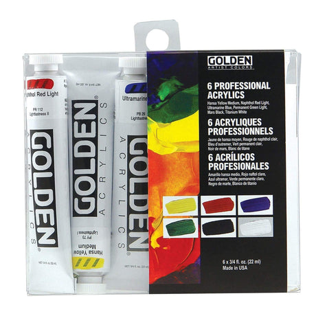 Golden Heavy Body Introductory Set of 6 Professional High Viscosity Acrylics for Thick Textured Painting and Studio Art - Retail Maharaj