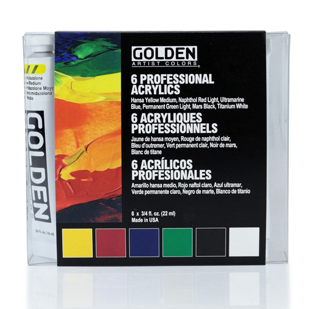 Golden Heavy Body Introductory Set of 6 Professional High Viscosity Acrylics for Thick Textured Painting and Studio Art - Retail Maharaj