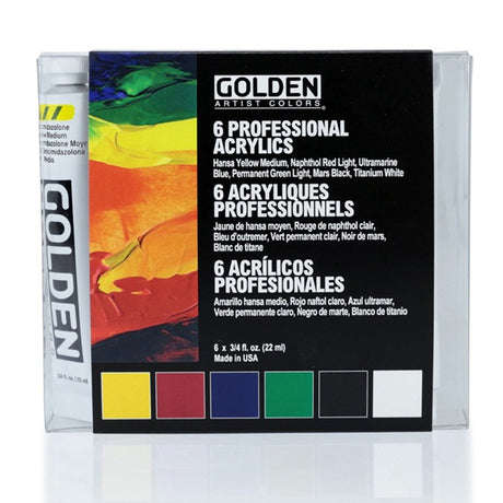 Golden Heavy Body Introductory Set of 6 Professional High Viscosity Acrylics for Thick Textured Painting and Studio Art - Retail Maharaj