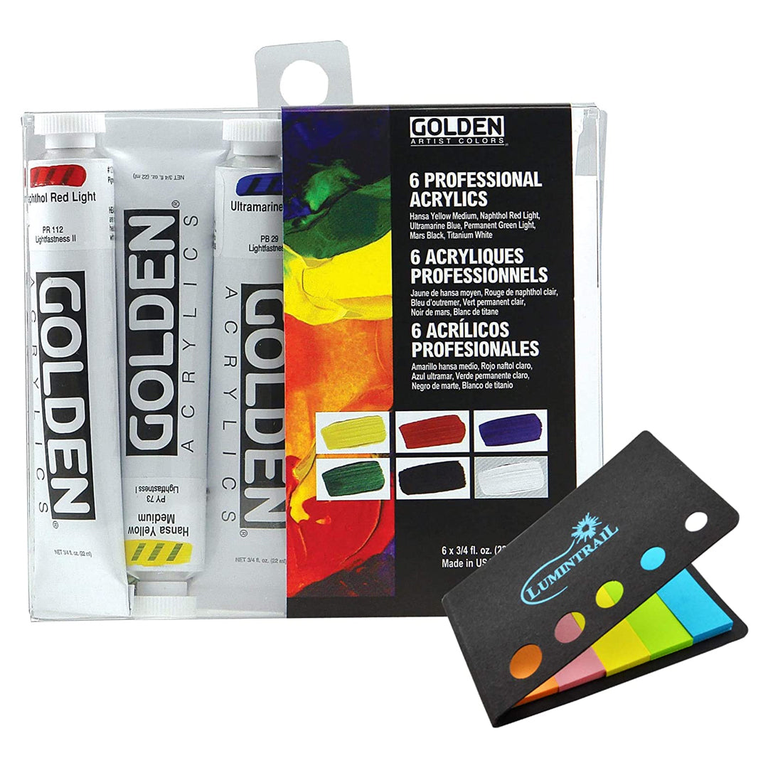 Golden Heavy Body Introductory Set of 6 Professional High Viscosity Acrylics for Thick Textured Painting and Studio Art - Retail Maharaj
