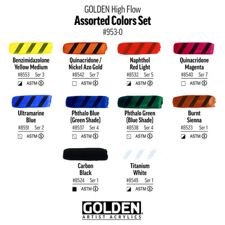 Golden High Flow Acrylic Opaque Set of 10 Professional Artist Colors 30ml - Retail Maharaj