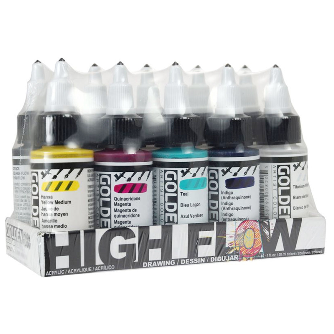 Golden High Flow Acrylic Drawing Set of 10 Super Fluid Ink Like Artist Acrylics for Airbrush Illustration and Mixed Media - Retail Maharaj