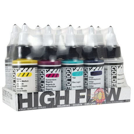 Golden High Flow Acrylic Drawing Set of 10 Super Fluid Ink Like Artist Acrylics for Airbrush Illustration and Mixed Media - Retail Maharaj