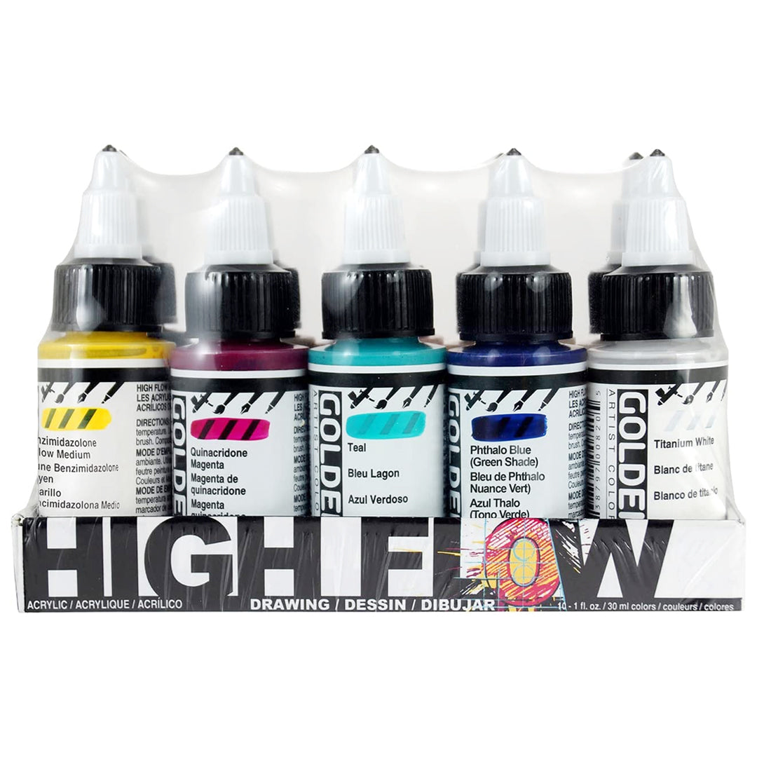 Golden High Flow Acrylic Drawing Set of 10 Super Fluid Ink Like Artist Acrylics for Airbrush Illustration and Mixed Media - Retail Maharaj