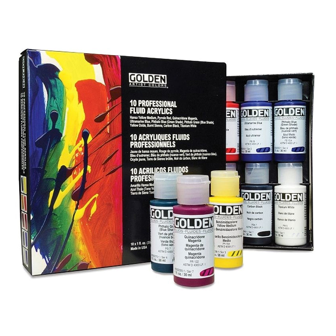 Golden Fluid Acrylic Professional Paint Set of 8 and 10 High Tinting Smooth Flow Artist Acrylics for Fine Detail Glazing and Water Media - Retail Maharaj