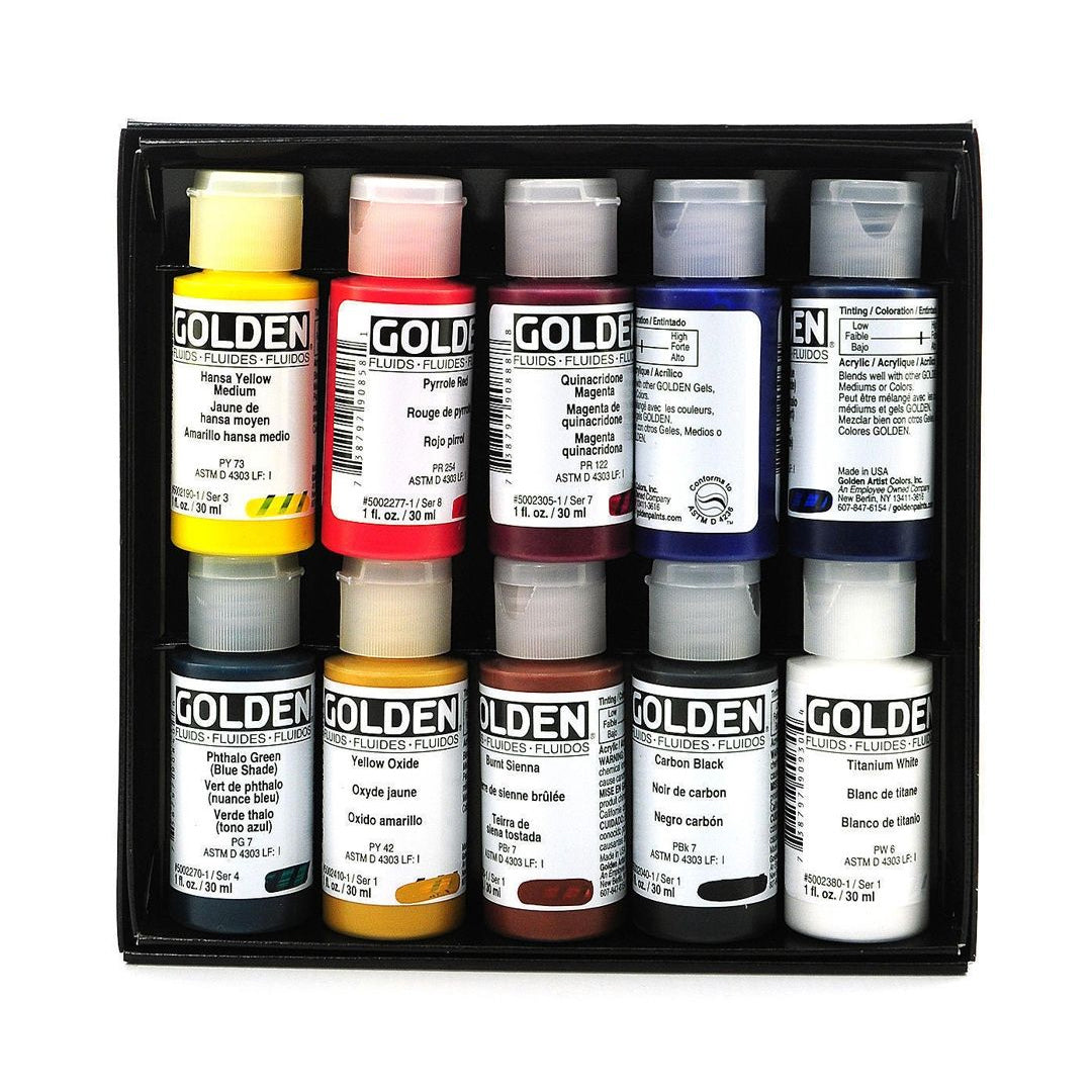 Golden Fluid Acrylic Professional Paint Set of 8 and 10 High Tinting Smooth Flow Artist Acrylics for Fine Detail Glazing and Water Media - Retail Maharaj