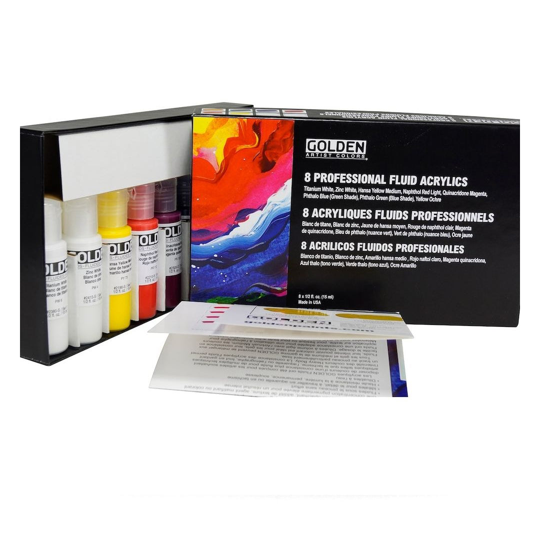 Golden Fluid Acrylic Professional Paint Set of 8 and 10 High Tinting Smooth Flow Artist Acrylics for Fine Detail Glazing and Water Media - Retail Maharaj