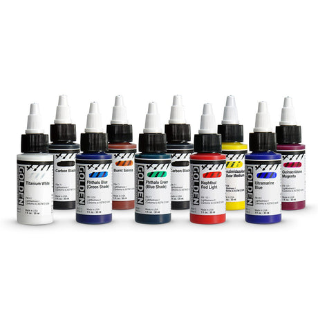 Golden High Flow Acrylic Opaque Set of 10 Ultra Pigmented Ink Like Acrylics for Brush Pen Airbrush and Mixed Media Art - Retail Maharaj
