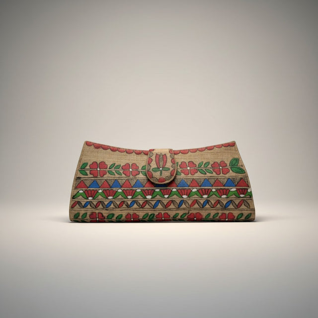 Handmade Madhubani Flap Clutch – Natural Color Silk Bag | Mithila Art Ethnic Handbag - Retail Maharaj