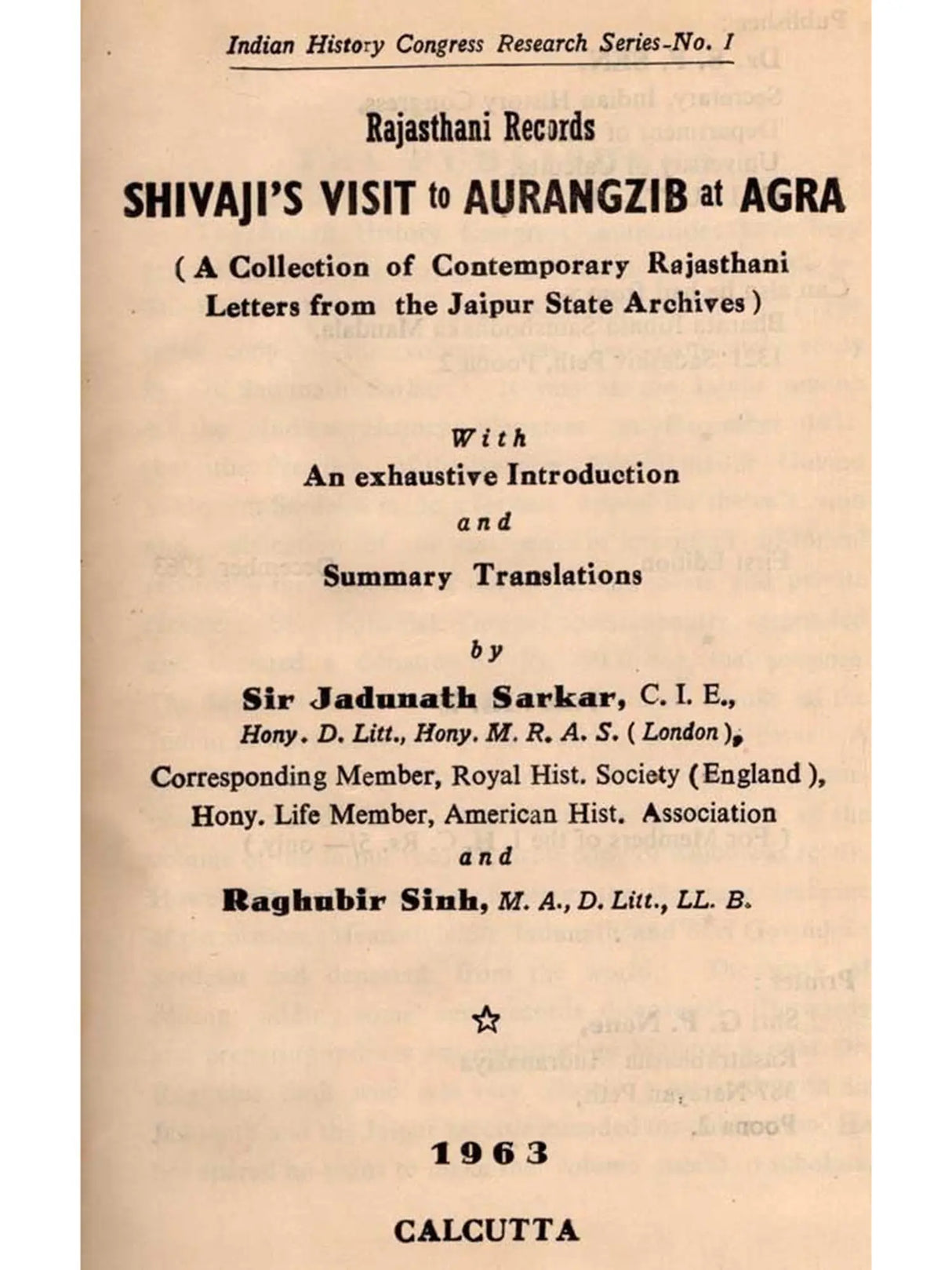Shivaji's Visit to Aurangzib at Agra – A Collection of Contemporary Rajasthani Letters from the Jaipur State Archives