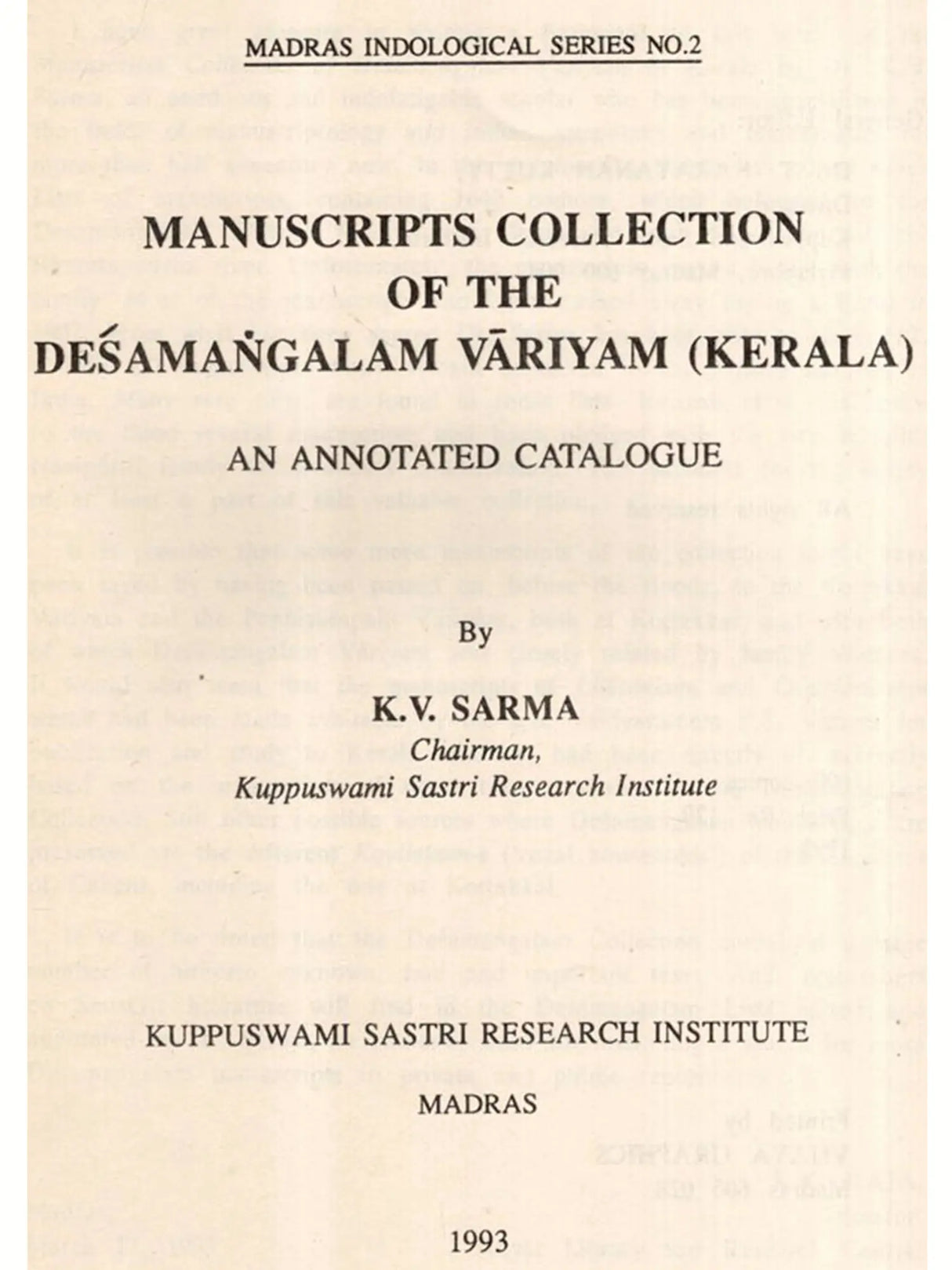 Manuscripts Collection of the Desamangalam Variyam (Kerala) – An Annotated Catalogue