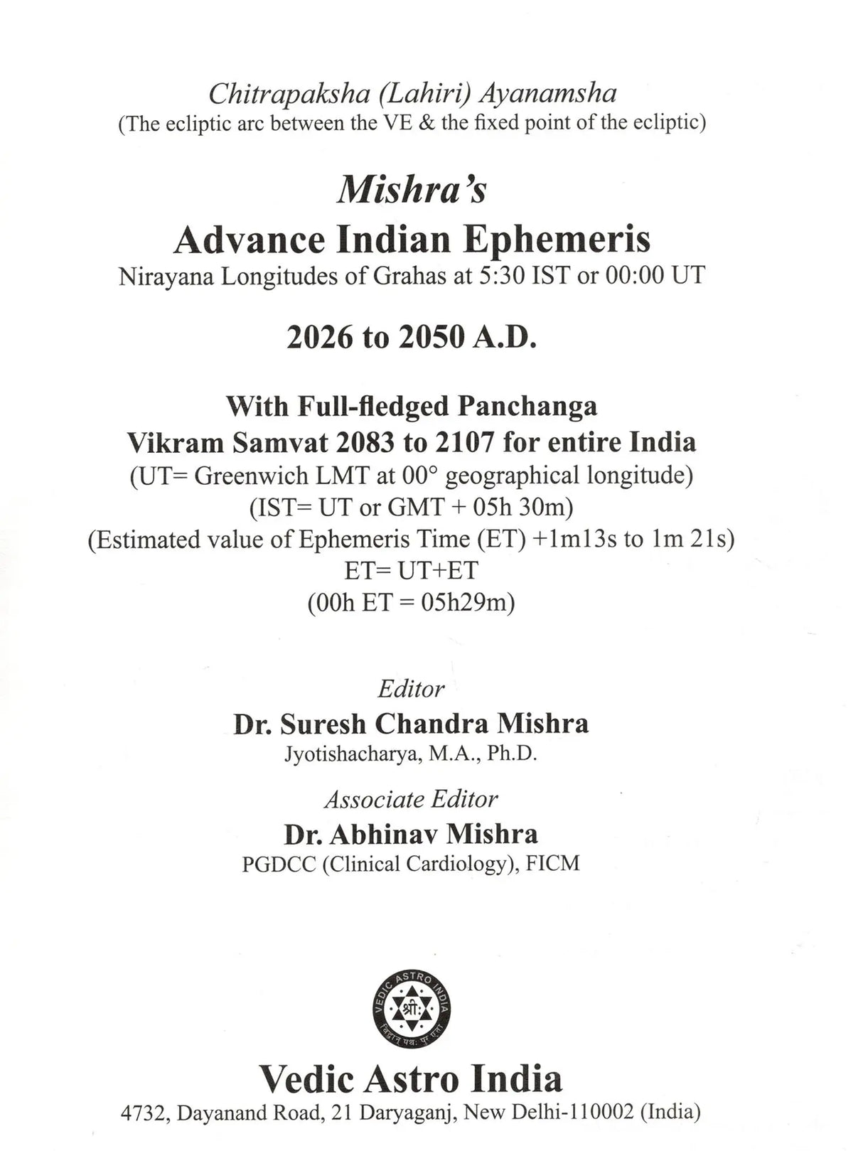 Mishra's Advance Ephemeris 2026-2050, Astrological Reference Book - Retail Maharaj