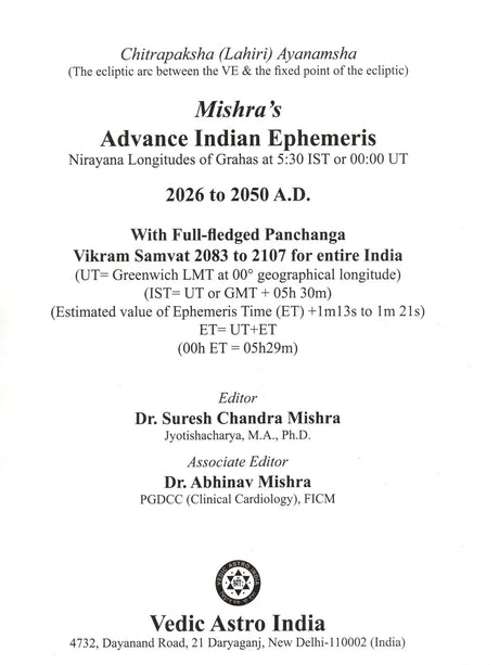 Mishra's Advance Ephemeris 2026-2050, Astrological Reference Book - Retail Maharaj