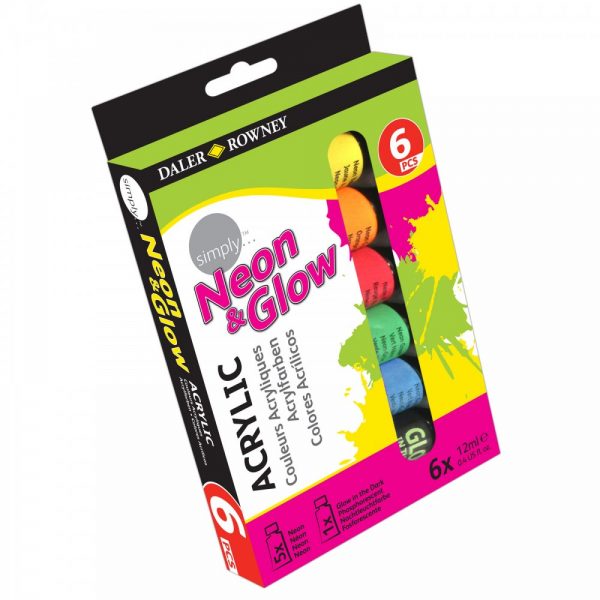 Daler Rowney Simply Acrylic Neon & Glow Paint Set 6x12ml - Retail Maharaj