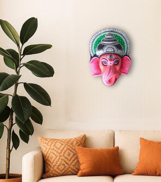 Purulia Chhau Ganesha Mask – Pink Devotion Edition | Handcrafted Tribal Wall Art from Bengal - Retail Maharaj