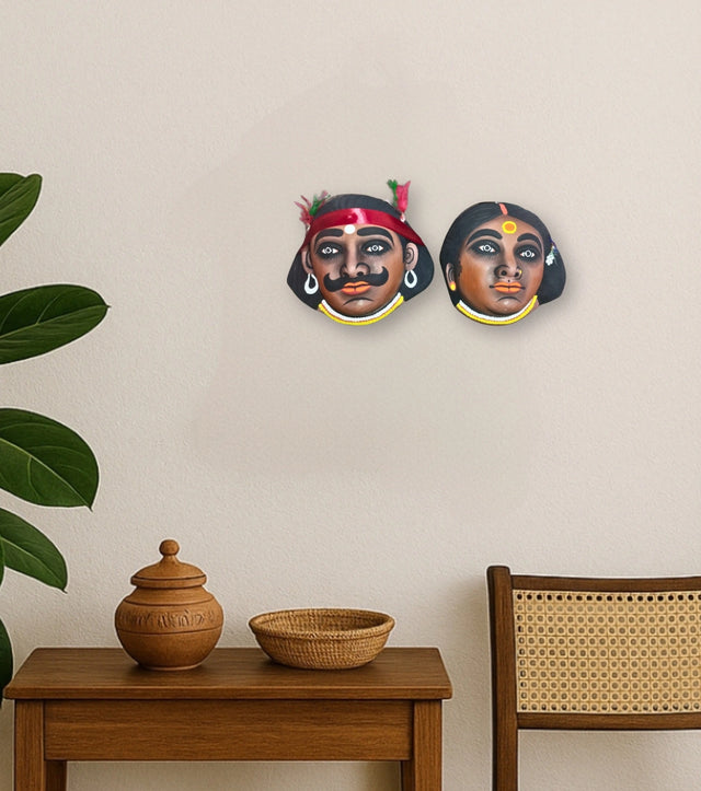 Raahr Jugal: Folk Pair Mini Masks | Traditional Purulia Chhau Masks | Handcrafted Male & Female Folk Art Duo - Retail Maharaj
