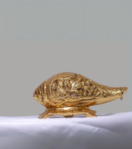 Conch with Divine Carvings in Antique Gold-Finish Alloy – Spiritual Decoration for Pooja Rooms & Festive Gifting - Retail Maharaj