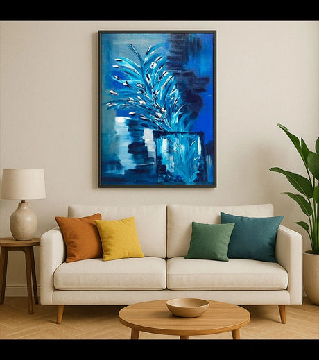 Divine Blue – Vibrant Still Life by Samhita Bhowmik | Bold Yellow & Lavender Floral Bouquet in Cobalt Vase - Retail Maharaj