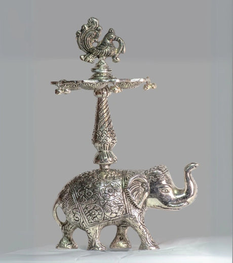 Elephant Diya in Alloy with Silver Finish – Handcrafted Diya for Spiritual & Festive Décor - Retail Maharaj
