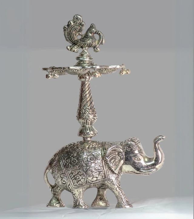 Elephant Diya in Alloy with Silver Finish – Handcrafted Diya for Spiritual & Festive Décor - Retail Maharaj