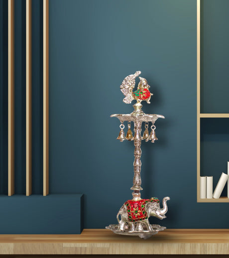 Elephant Diya Stand with Enamel Work in White Alloy – Handcrafted Spiritual Decoration for Pooja Rooms & Festive Gifting - Retail Maharaj