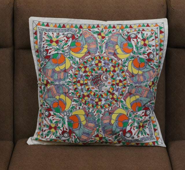 Madhubani Lotus Harmony Handpainted Cushion Cover – Lotus Mandala Design on Cotton (18 x 18 inch) | Indian Folk Art Home Décor - Retail Maharaj
