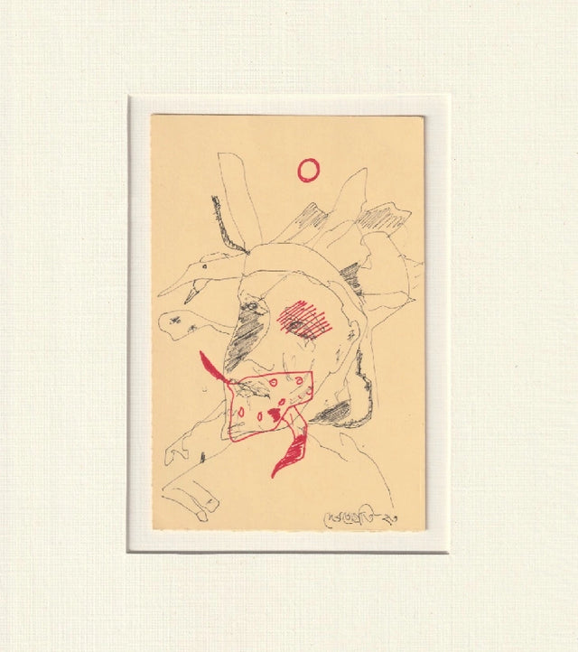 “Man and the Red Bird” by Debajyoti Roy (2023) – Pen Drawing on Postcard Paper - Retail Maharaj