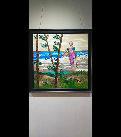 Seaside Farming – Hand-painted Acrylic Canvas Art by Samhita Bhowmik | Rural Coastal Landscape - Retail Maharaj