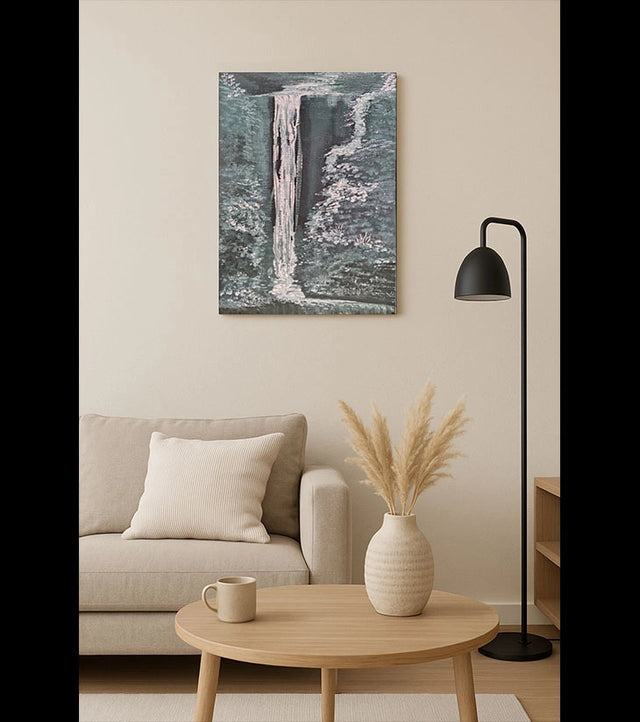 Silent Cascade – Hand-painted Acrylic on Board Canvas | Waterfall Landscape - Retail Maharaj