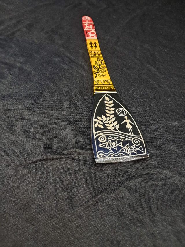 Handcrafted Warli Art Wooden Spatula – “River Life” - Retail Maharaj
