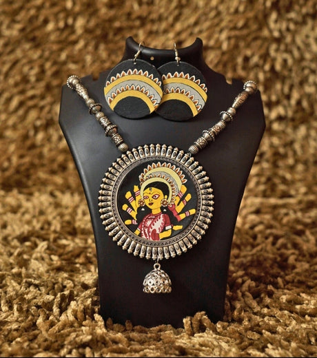 Divine Devi Pendant Set – Hand-Painted Goddess Durga Necklace with Oxidized Metal Earrings for Festive & Cultural Occasions - Retail Maharaj