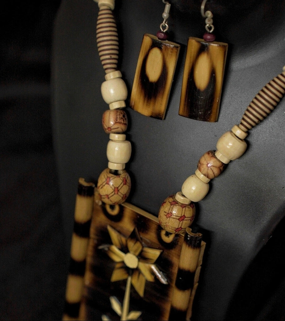 Rustic Floral Bamboo Necklace Set – Earthy Elegance | Handcrafted Eco-Friendly Tribal Jewelry - Retail Maharaj