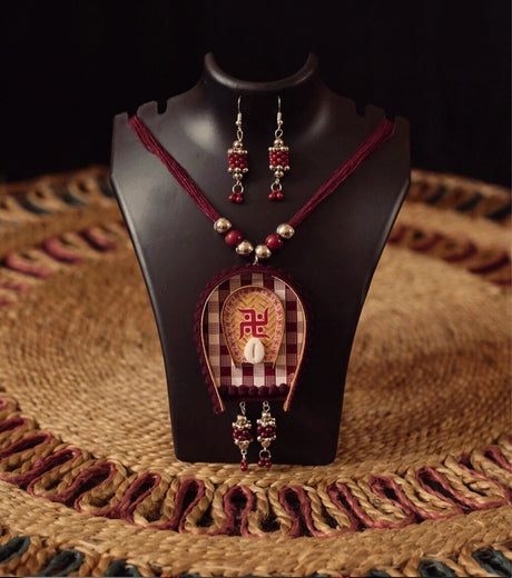 Swastik Shakti Traditional Necklace Set | Handcrafted Red Swastik & Cowrie Shell Necklace - Retail Maharaj