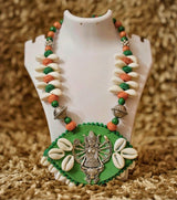 Tribal Cowrie Shell Durga Necklace | Handcrafted Green Fabric Necklace with Durga Motif & Cowrie Shells - Retail Maharaj