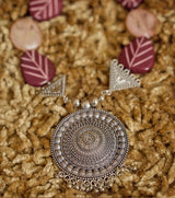 Tribal Radiance Oxidized Necklace Set – Bold Silver Pendant with Leaf Motifs & Resin Beads - Retail Maharaj