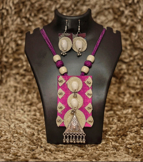 Tribal Essence Jute Cowrie Necklace Set – Magenta Edition | Handcrafted Tribal Necklace with Cowrie Shells & Oxidized Metal Pendant - Retail Maharaj