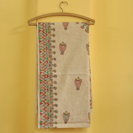 Terracotta Bloom Madhubani Handpainted Cotton Stole – Floral Urn & Paisley Motifs on Beige (92 x 23 inch) | Minimalist Ethnic Dupatta for Women - Retail Maharaj