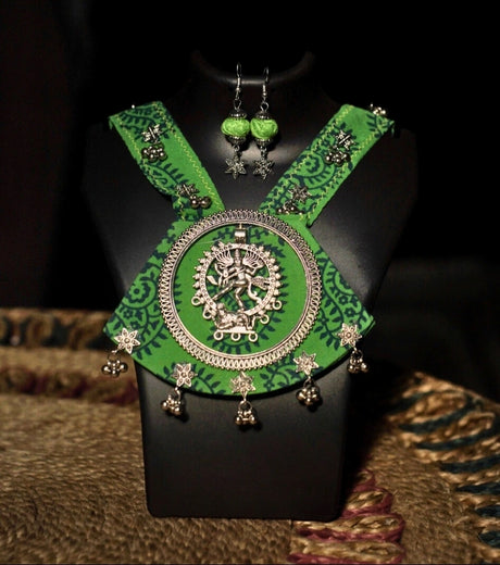 Divine Tandava Tribal Necklace Set – Nataraja Pendant with Ghungroo Bells & Hand-Printed Cotton Fabric for Ethnic & Fusion Styles - Retail Maharaj