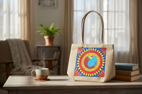 Handmade Jute Handbag with Madhubani Art | Eco-friendly Mithila Painting Tote Bag - Retail Maharaj