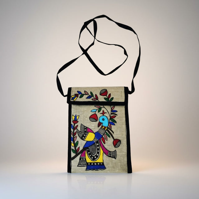 Handmade Madhubani Mobile Pouch – Jute Mithila Art Phone Bag | Eco-friendly Folk Art Accessory - Retail Maharaj