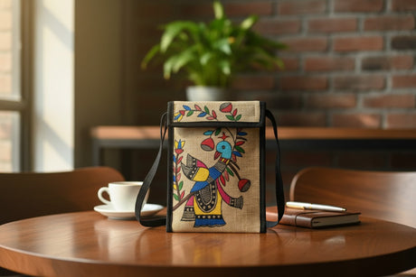 Handmade Madhubani Mobile Pouch – Jute Mithila Art Phone Bag | Eco-friendly Folk Art Accessory - Retail Maharaj