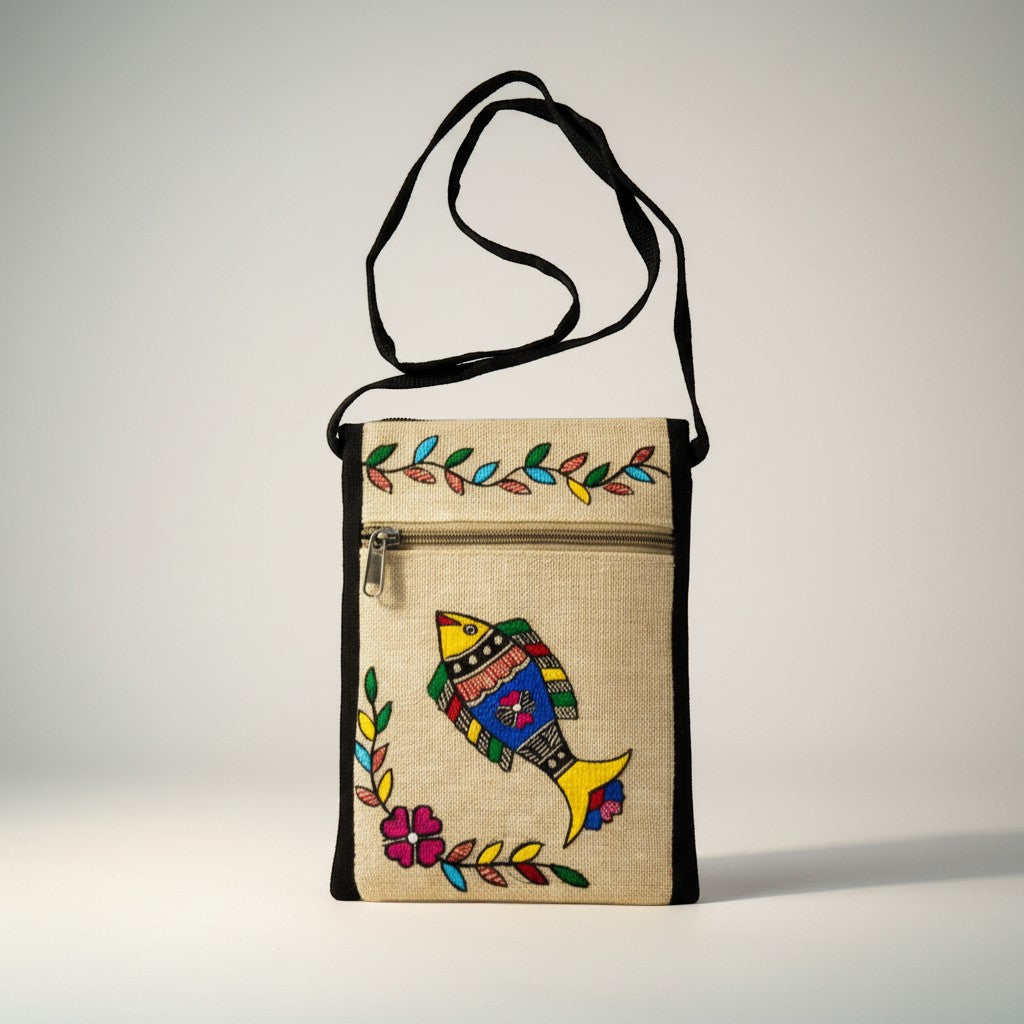 Handmade Madhubani Mobile Pouch – Jute Mithila Art Phone Bag | Eco-friendly Folk Art Accessory - Retail Maharaj