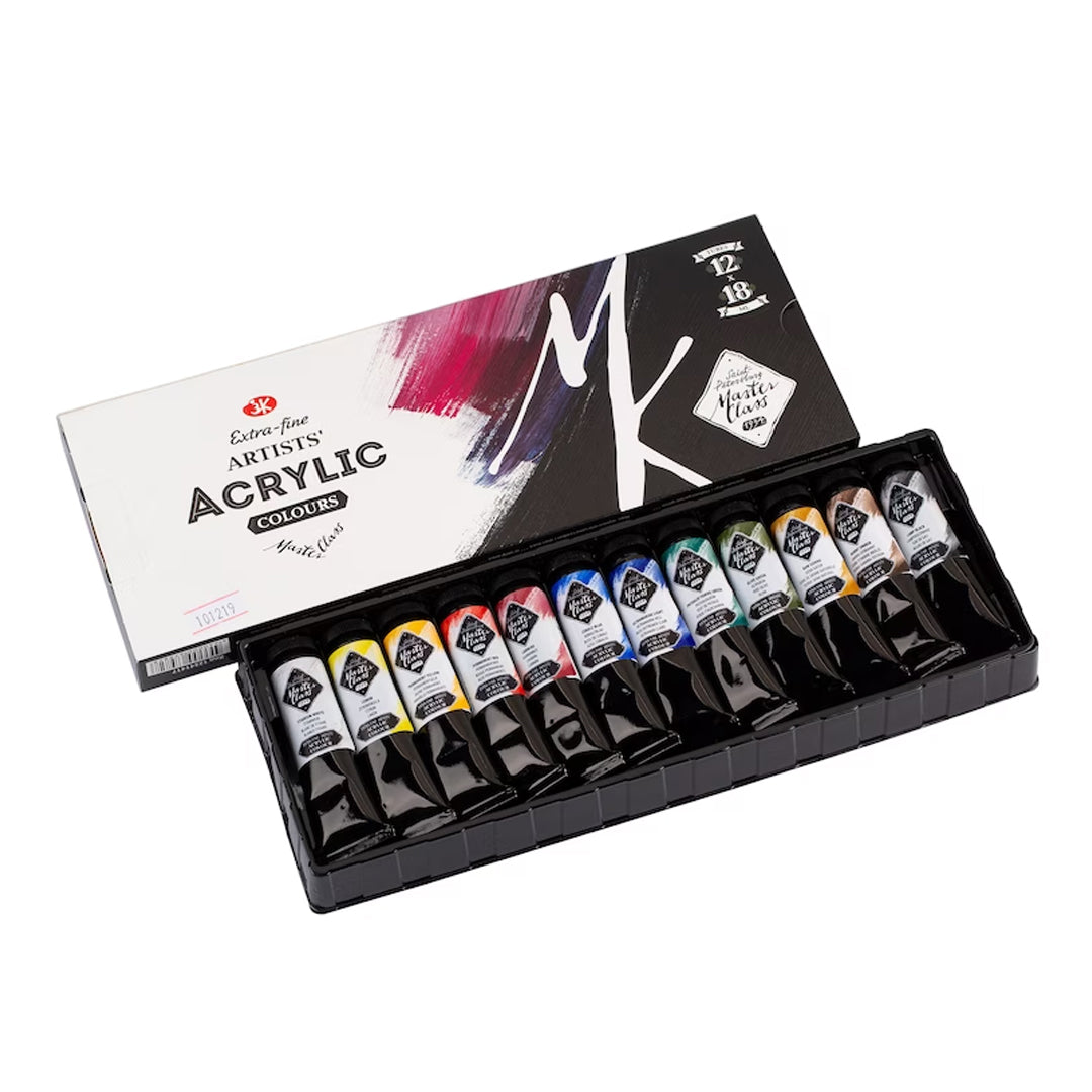 Master Class Acrylic Colour Set of 12 Professional Artist Paints 18ml Tubes - Retail Maharaj