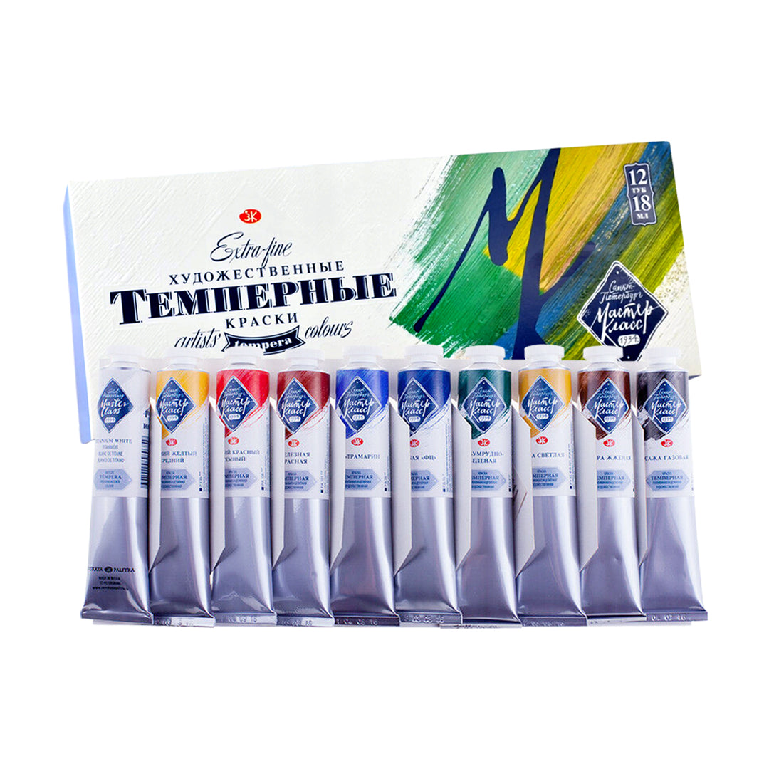 Master Class Tempera Paints Set of 12 Professional Artist Colours 18ml Tubes - Retail Maharaj