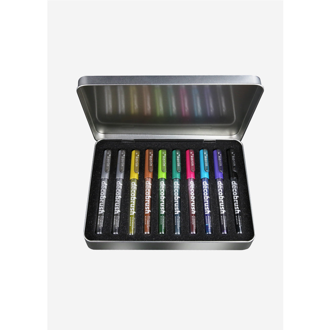 Karin Deco Brush Metallic Brush Markers Set of 10 in Metal Box - Retail Maharaj