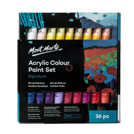 Mont Marte Signature Acrylic Colour Paint Set of 36 Creamy Fast Drying Artist Acrylics for Canvas Wood Paper and Craft - Retail Maharaj