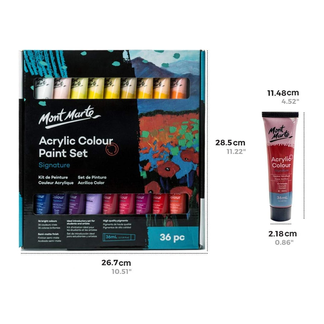Mont Marte Signature Acrylic Colour Paint Set of 36 Creamy Fast Drying Artist Acrylics for Canvas Wood Paper and Craft - Retail Maharaj