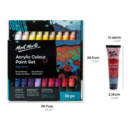 Mont Marte Signature Acrylic Colour Paint Set of 36 Creamy Fast Drying Artist Acrylics for Canvas Wood Paper and Craft - Retail Maharaj